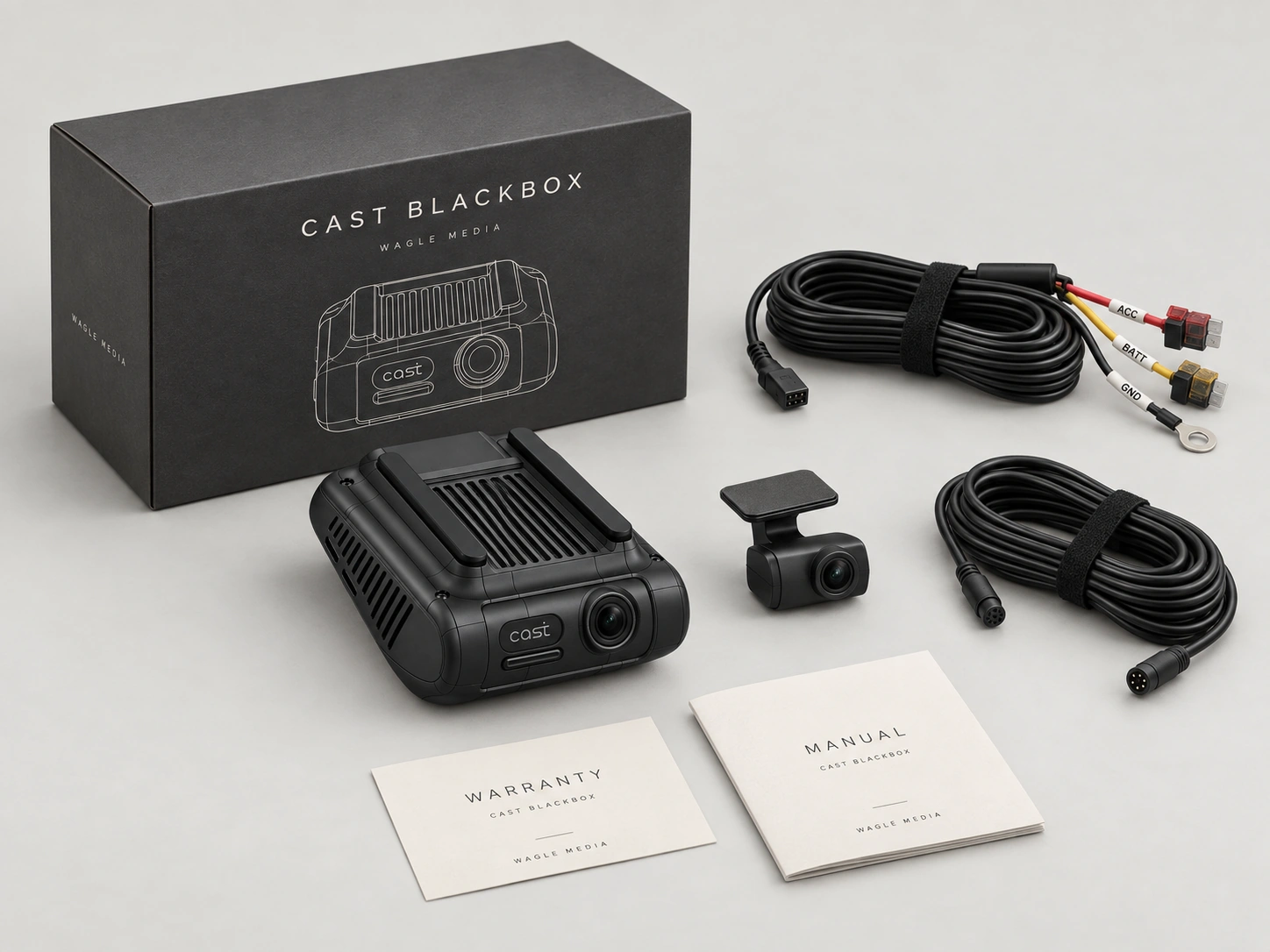 Emballage CAST BLACKBOX, boîtier, câble d’alimentation permanente, caméra arrière, câble de connexion, garantie et manuel
