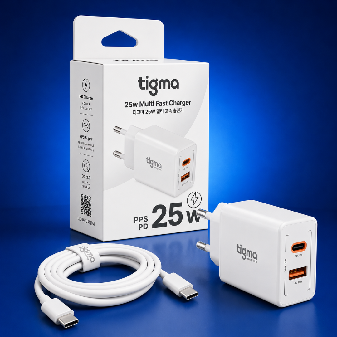 TIGMA 25W charger, C-to-C cable, and product packaging