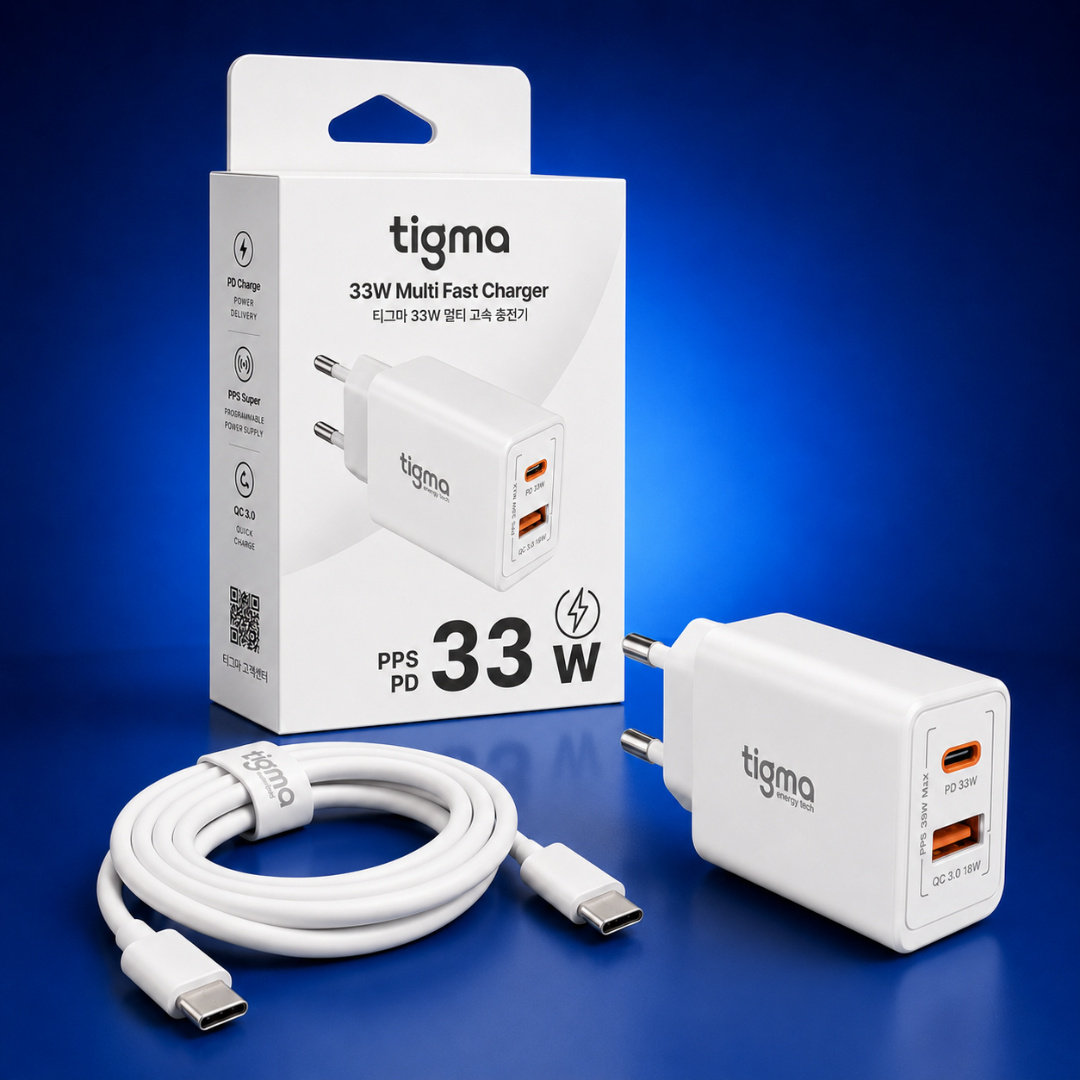 TIGMA 33W充電器、C to Cケーブル、製品パッケージ