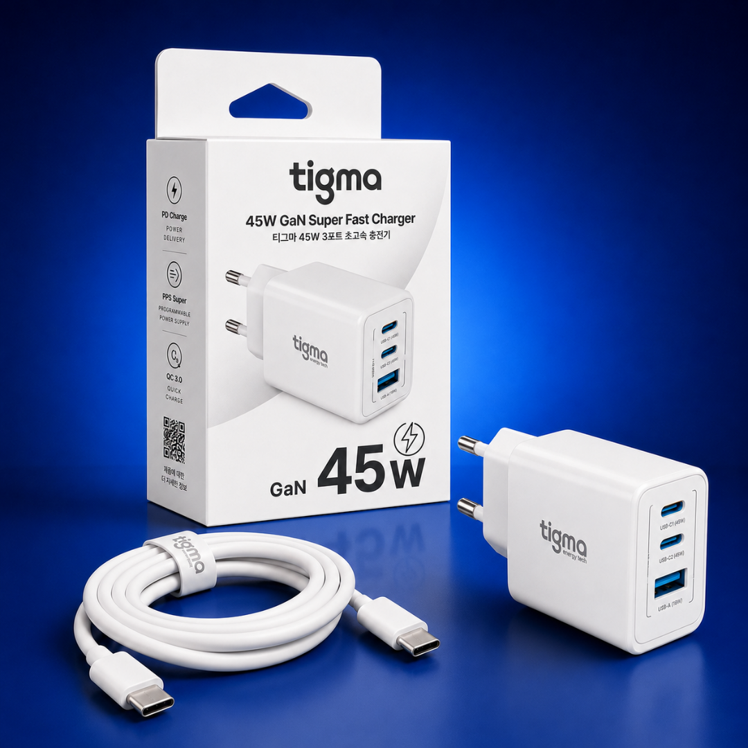TIGMA 45W充電器、C to Cケーブル、製品パッケージ