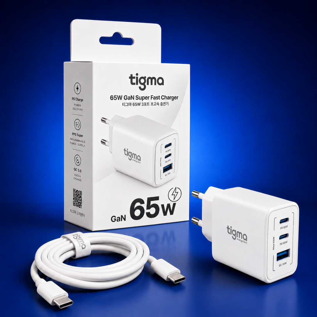 TIGMA 65W充電器、C to Cケーブル、製品パッケージ