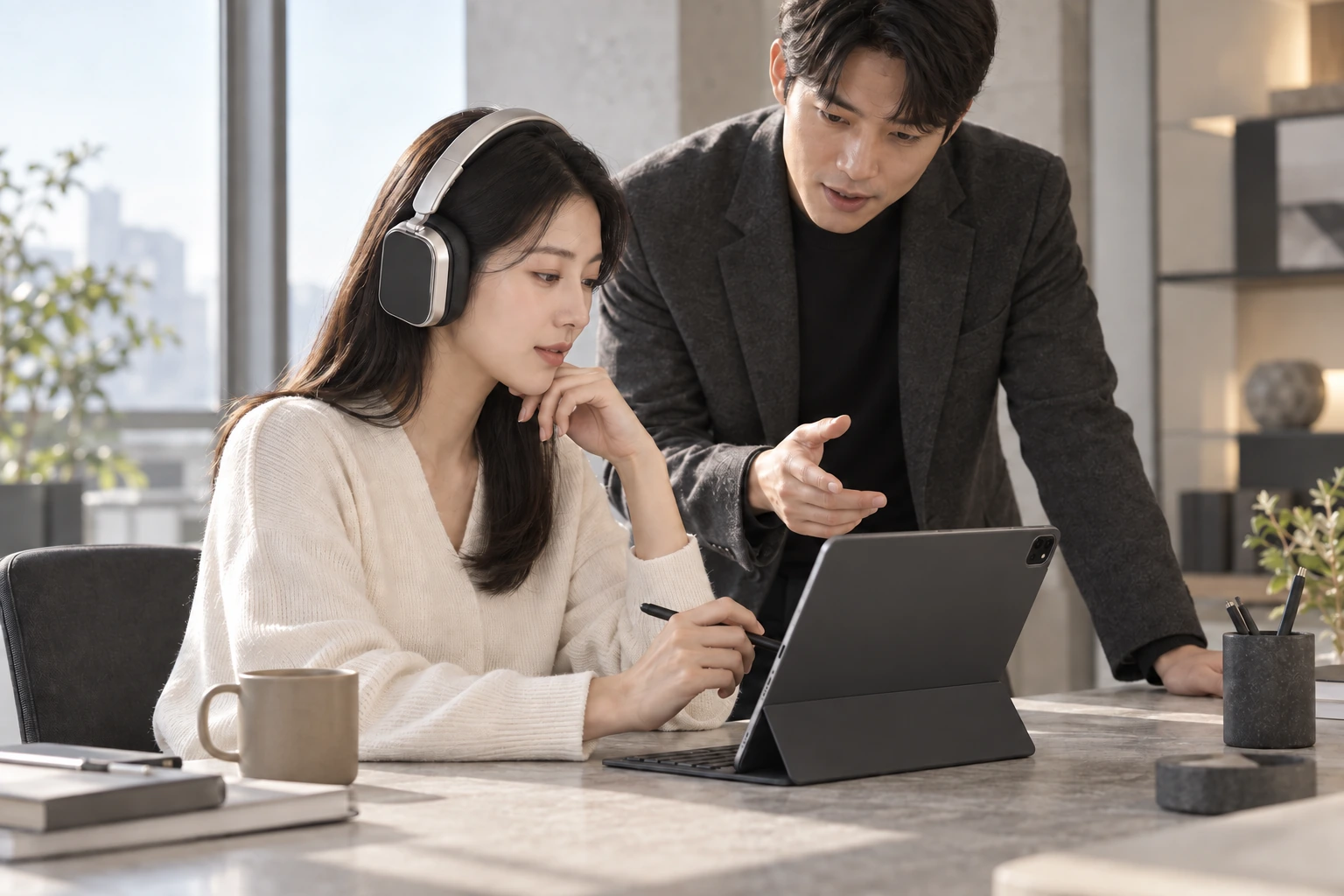 Scène de personnes portant un casque argent et travaillant ensemble sur tablette